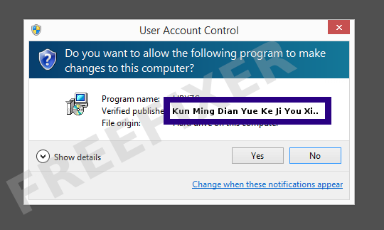 Screenshot where Kun Ming Dian Yue Ke Ji You Xian Ze Ren Gong Si appears as the verified publisher in the UAC dialog